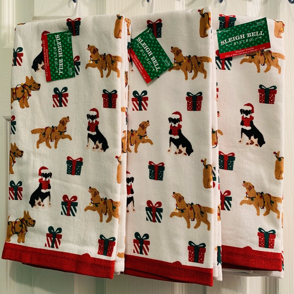 Lot 3 Holiday Dogs Kitchen Towels Sleigh Bell Bistro